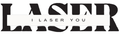 Bold text 'LASER' in black with 'I LASER YOU' in lighter font overlaid on a white bar. The design conveys a modern and minimalist aesthetic.