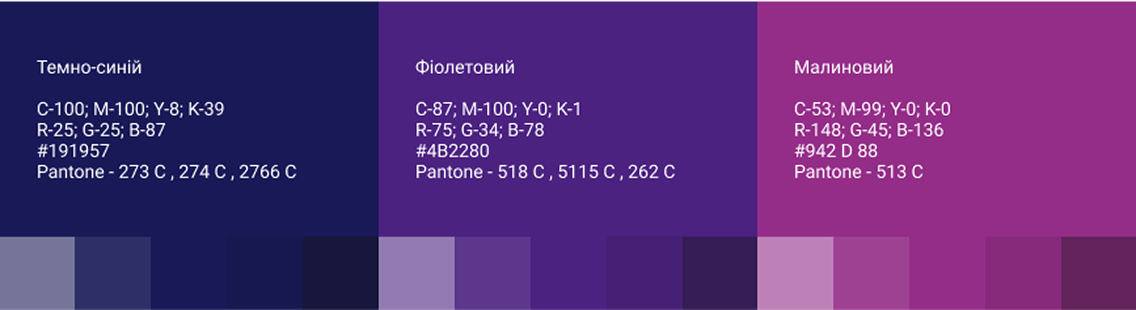 Primary color palette for the Businessclone brand: navy blue (#191957), purple (#4B2280) and crimson (#942D88) with their CMYK, RGB and Pantone values