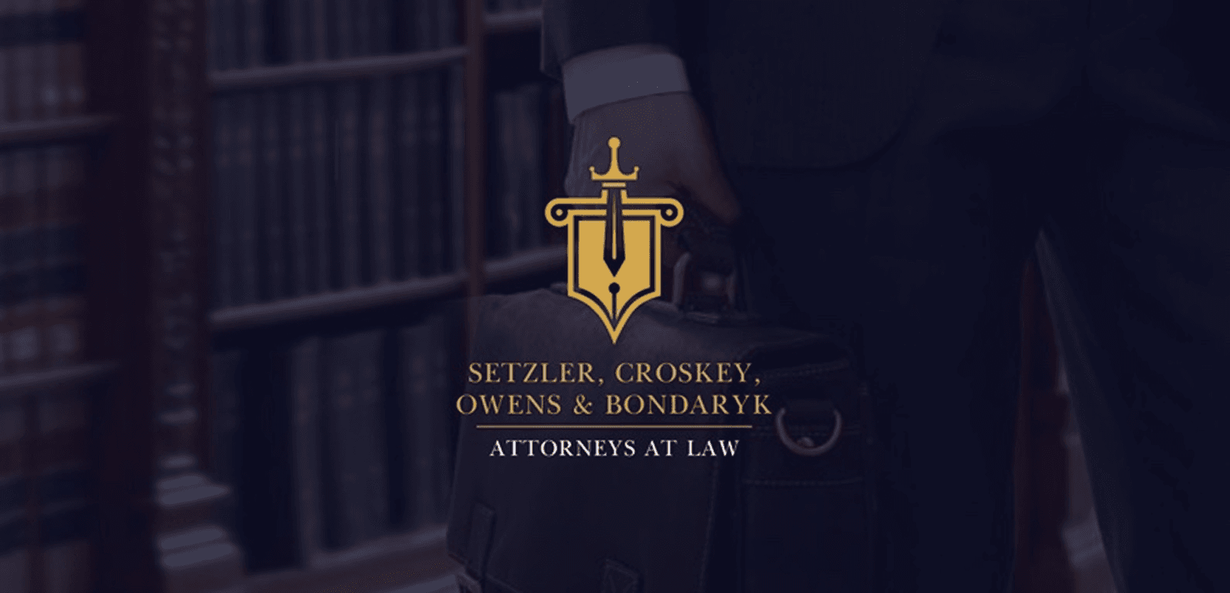 Logo of Setzler, Croskey, Owens & Bondaryk, attorneys at law, overlaid on a blurred background of legal books.